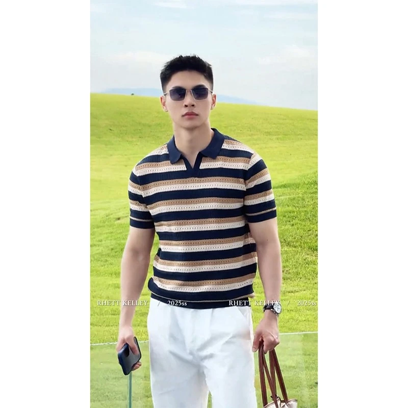 老钱风条纹针织V领短袖Polo衫男士夏季穿搭轻薄透气镂空半袖t恤衫