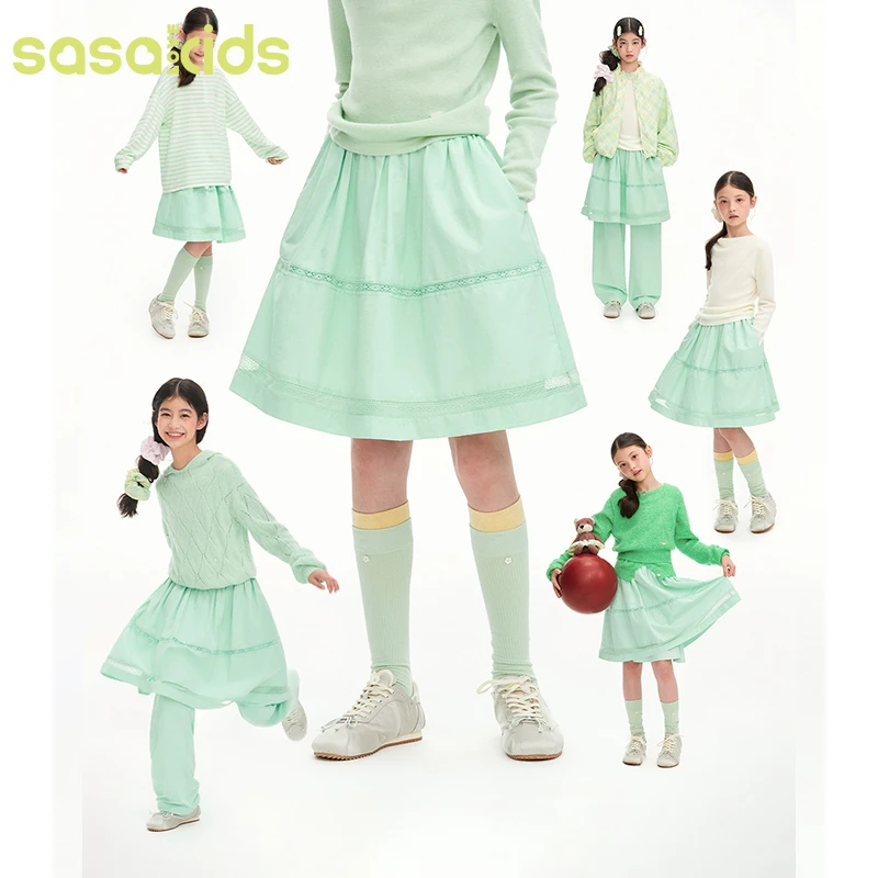 sasakids 森系少女精致中长款薄荷曼波色全腰松紧显瘦A字半裙女童