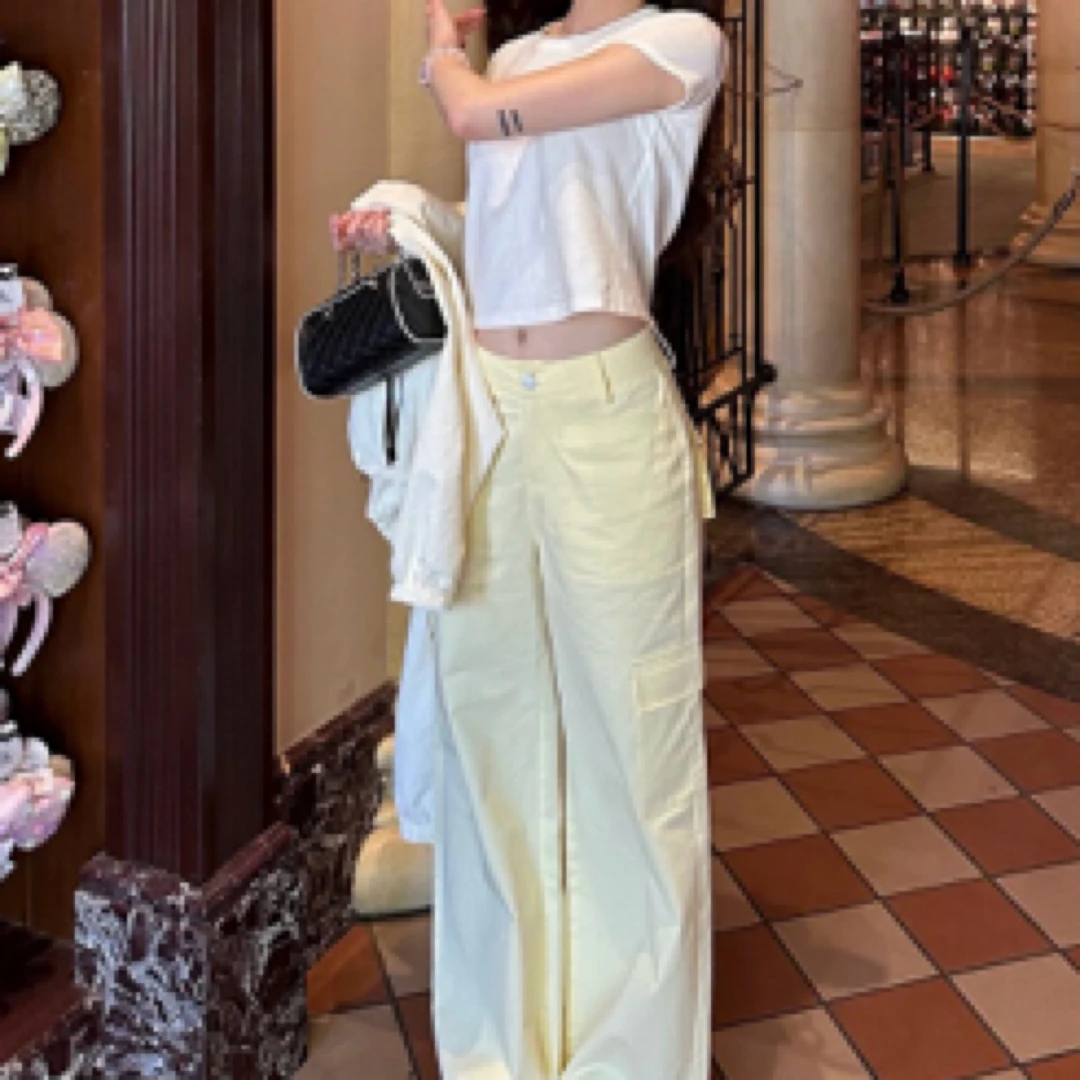 韩国EON/奶黄清新NO/退：工装牛仔裤直筒宽松