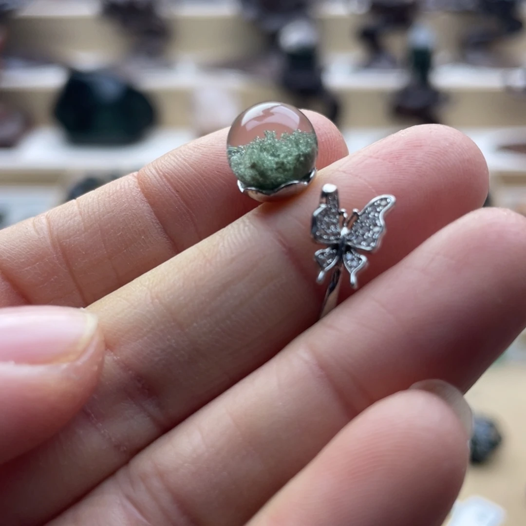 银S925镶嵌水晶戒指绿幽灵聚宝盆单珠戒指