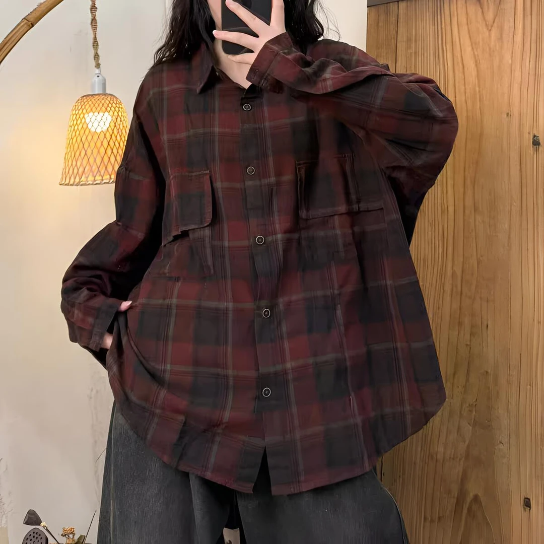 秋季通勤新款休闲宽松百搭韩版时尚长袖格子衬衫早秋复古衬衣女