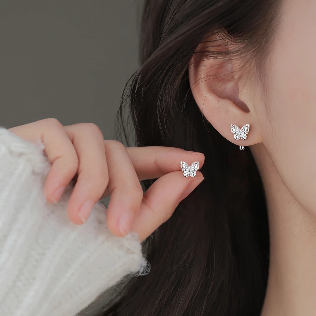 足银耳饰 999纯银蝴蝶耳钉女甜美小众气质设计感精致轻奢耳环百搭