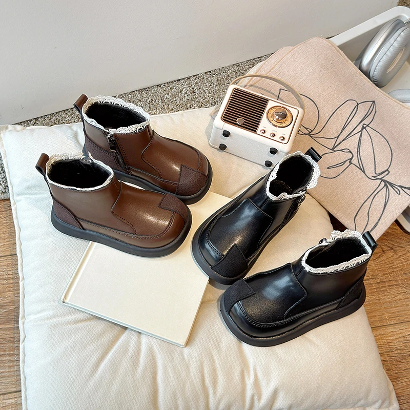 女童短靴加绒2024秋冬薄绒女宝宝公主靴子中大童软底二棉马丁靴潮