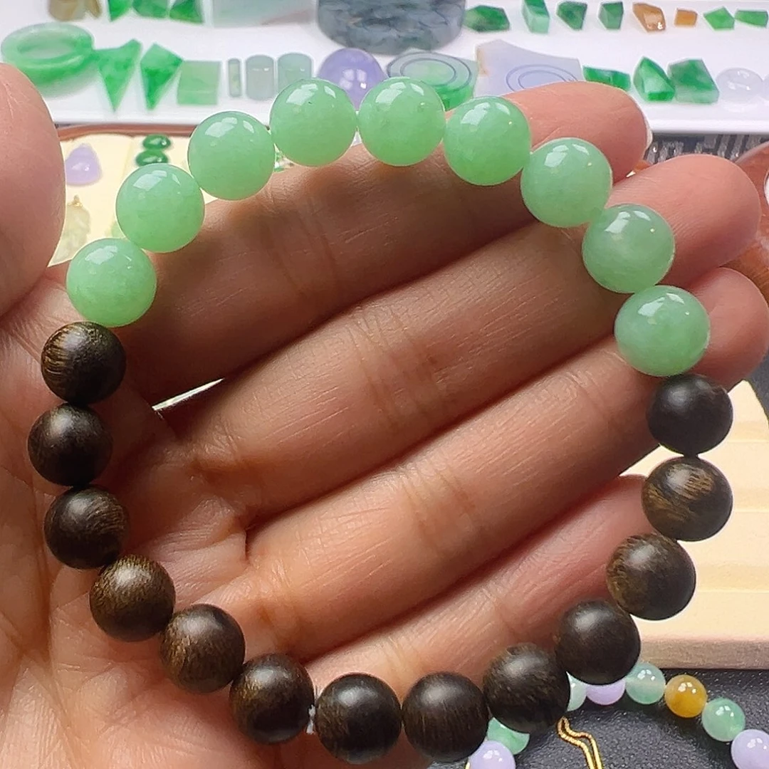 翡翠未镶嵌手链翡翠果绿底圆珠手串卡9+