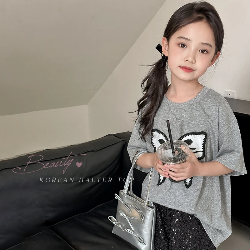 女童短袖T恤亮片阔腿裤子儿童夏季2024新款高腰休闲短裤女中大童