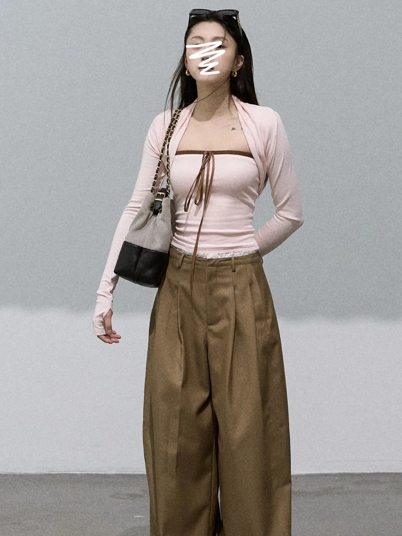 【米妮】“森林画手”撞色绑结抹胸+坎肩开衫两件套