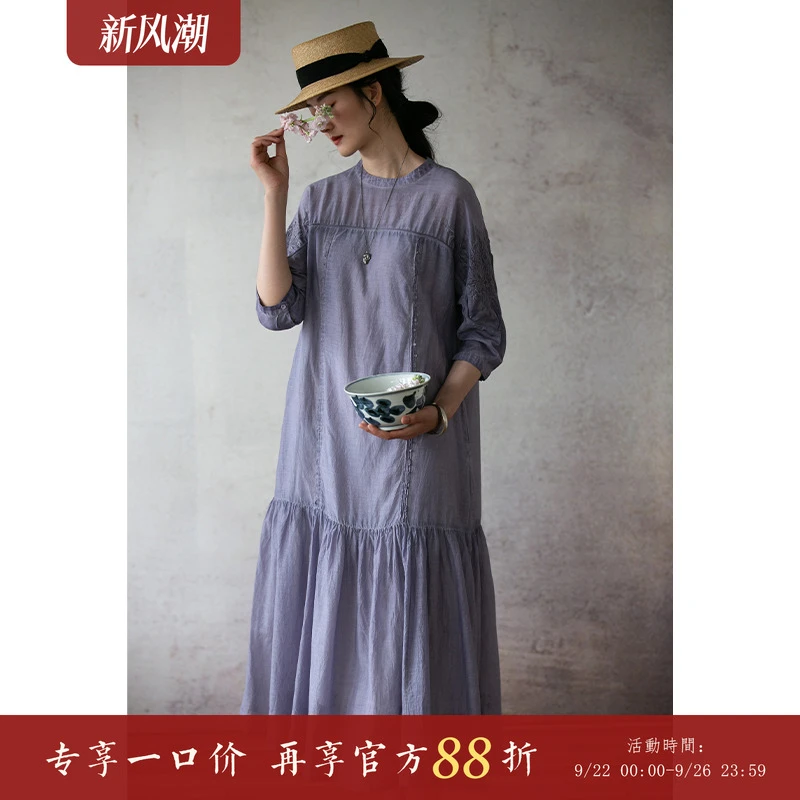 【经典回归】牧衣游原创设计丝棉炒色刺绣连衣裙女新款轻薄 灯塔