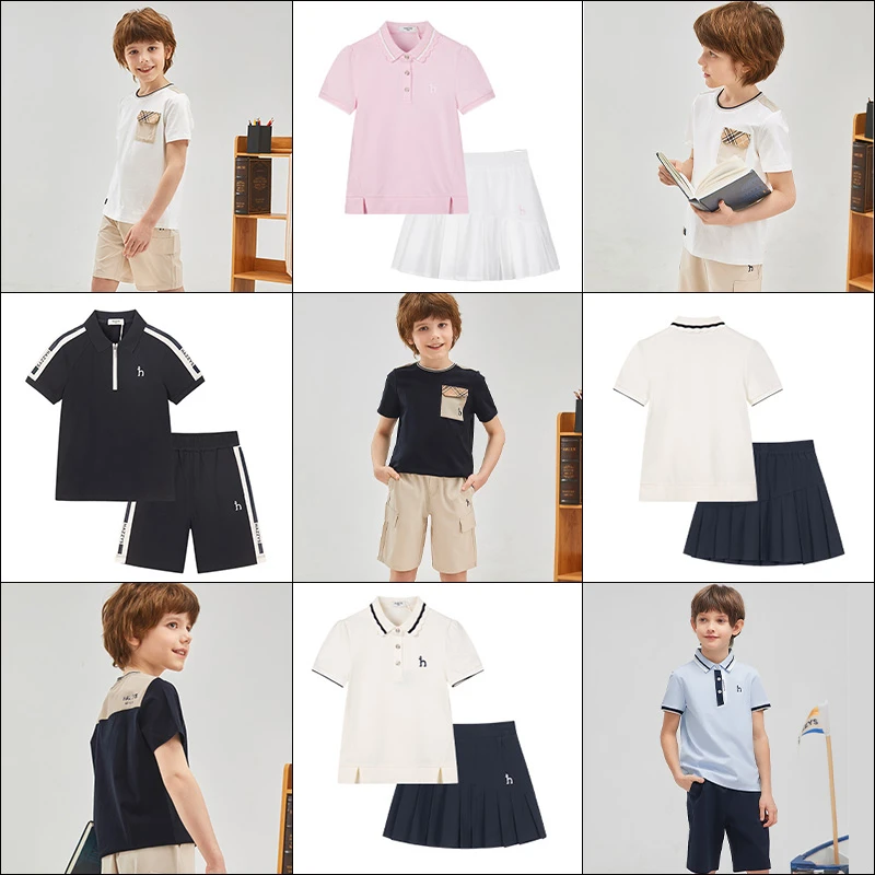 Hazzys/哈吉斯套装男女童夏季新款轻薄透气短袖丝光工艺学院风