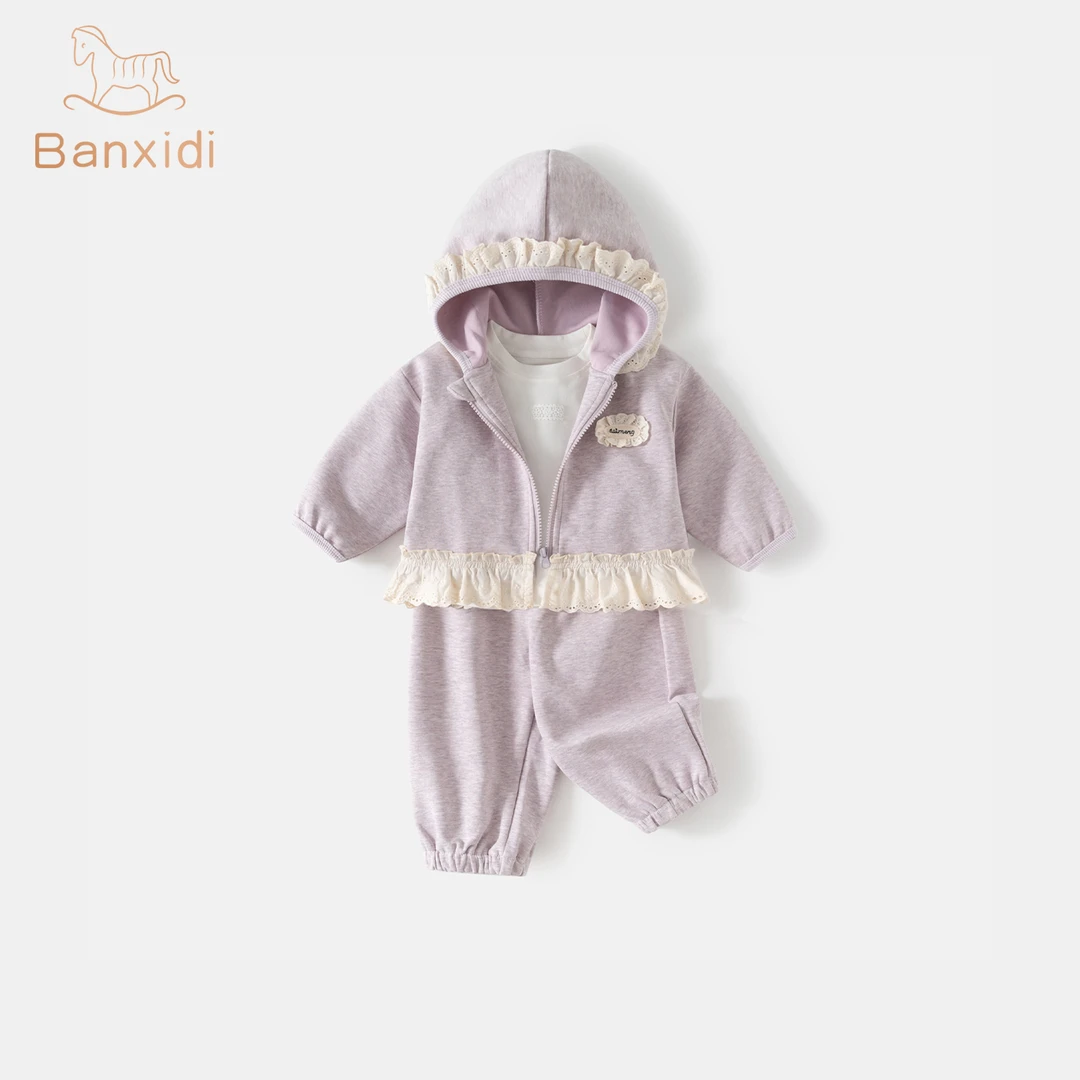 班喜迪女童套装秋新款洋气儿童连帽上衣裤子宝宝开衫卫衣三件套装