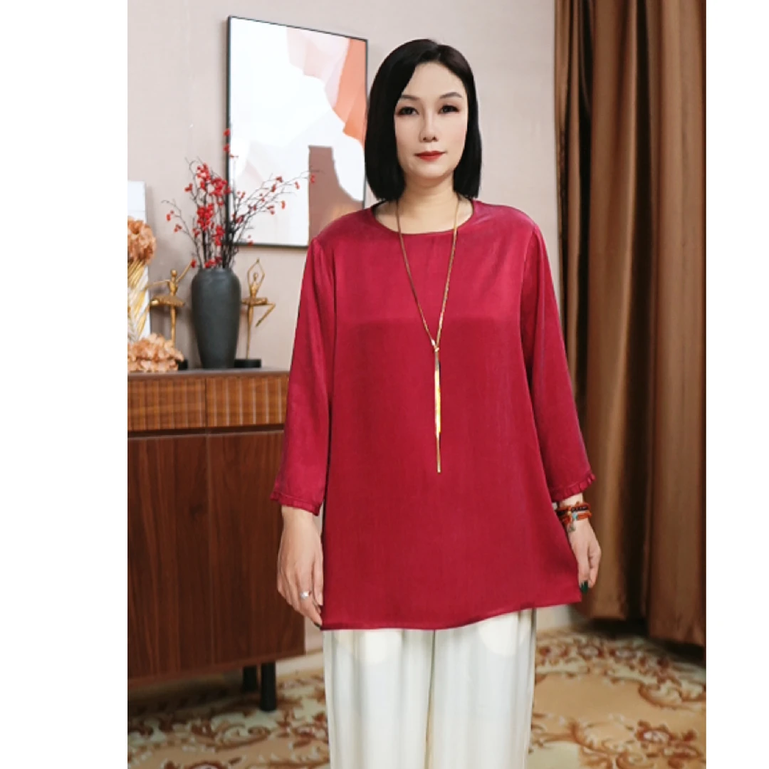 大码女装高端铜氨丝上衣加宽加大时尚简约纯色圆领休闲长袖妈妈装