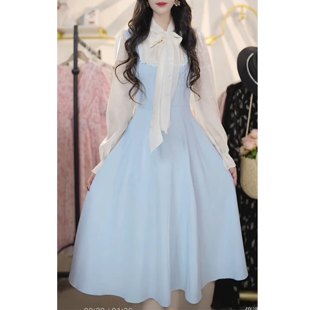 L7249夏季新款气质温柔风新中式蝴蝶结网纱拼接小众显瘦连衣裙