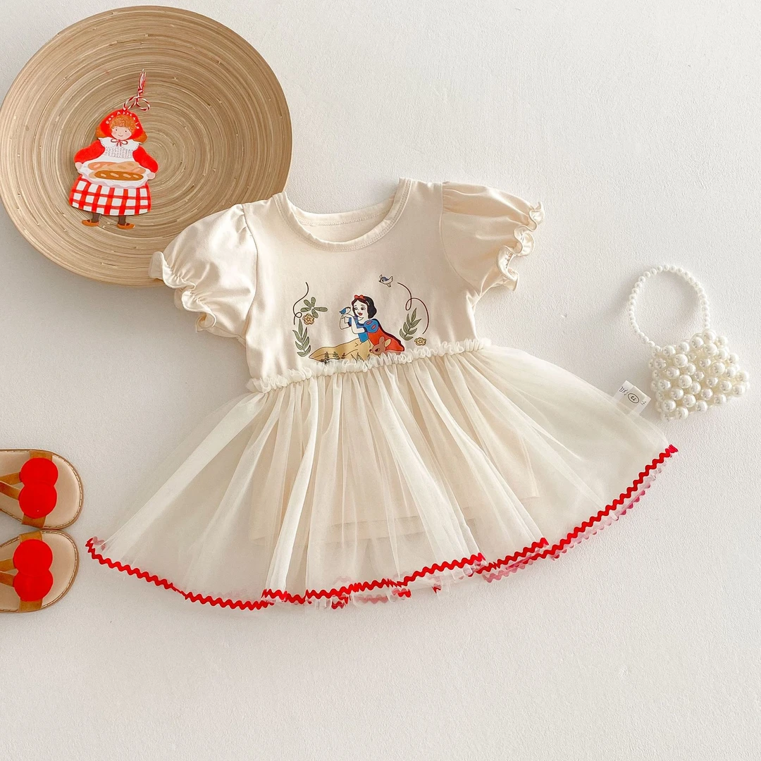 女童卡通T恤裙2025新款夏季女宝宝洋气网纱公主裙潮韩版连衣裙子