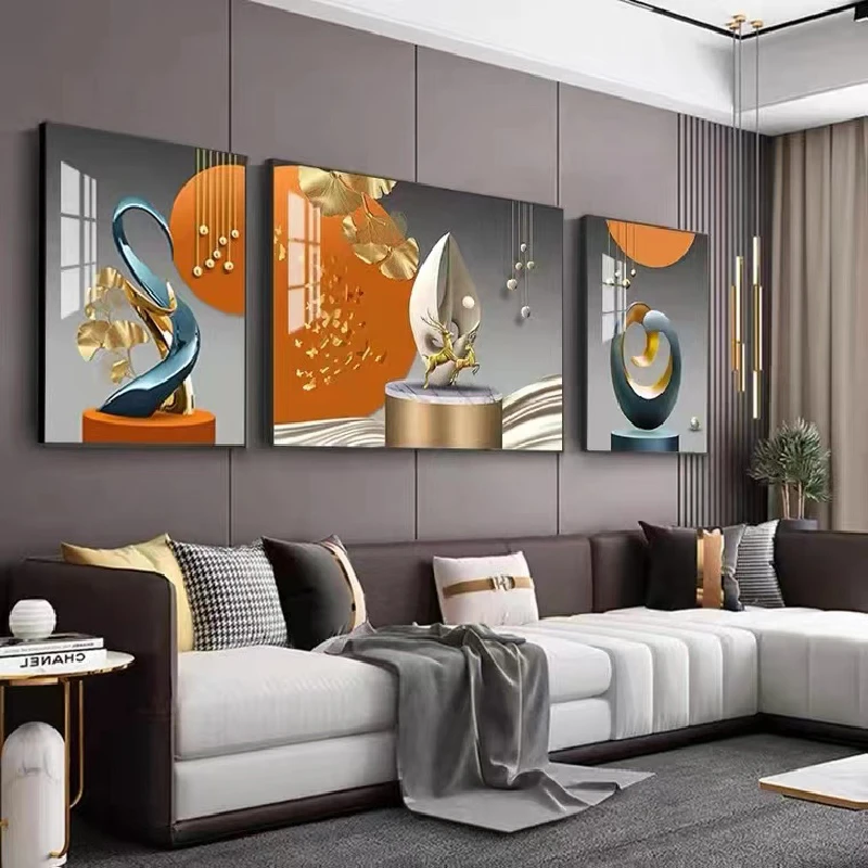 KT77晶瓷镶钻福禄呈祥现代新中式山水挂画客厅沙发背景墙挂画