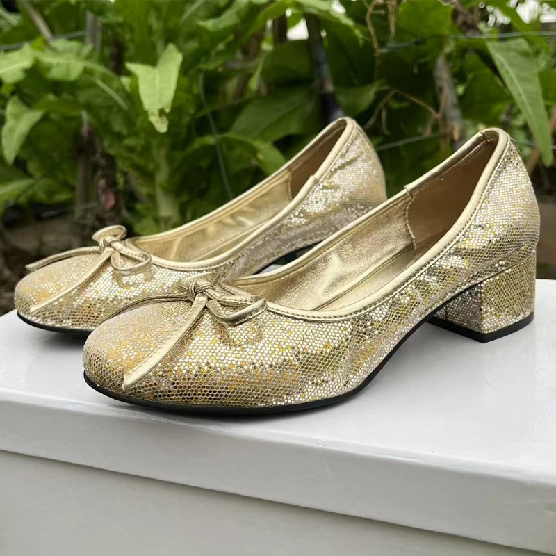 巴黎高跟芭蕾舞鞋女外穿金色做旧蝴蝶结真皮增高粗跟时尚百搭单鞋