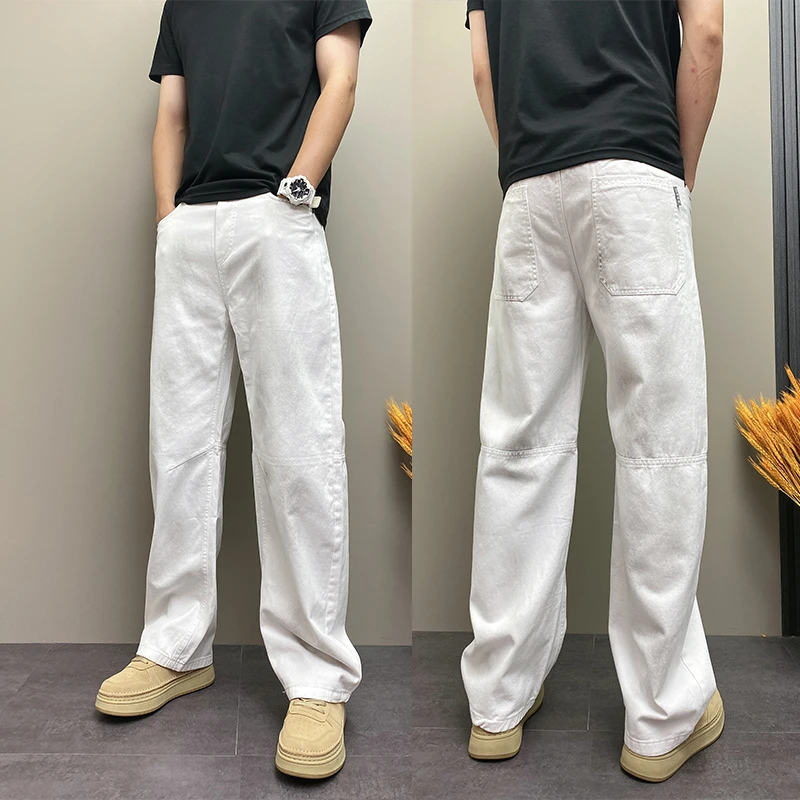 2025秋季新款潮流韩版痞帅白色脏脏裤青年男士休闲直筒阔腿牛仔裤