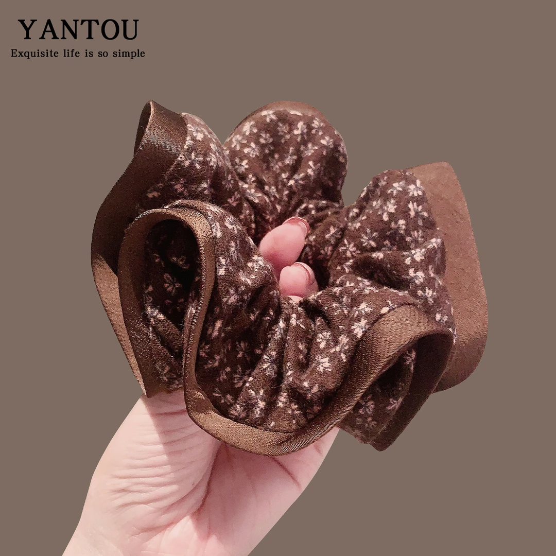 法式小香风咖色碎花大肠发圈女新款复古扎低马尾头绳优雅皮筋头花