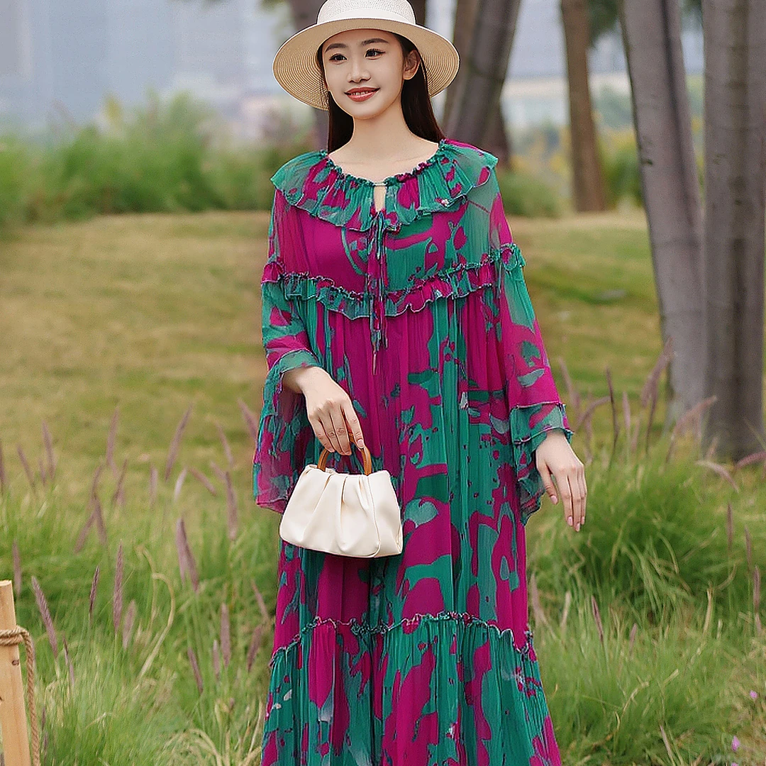 拜占庭的森林印花简约百搭显瘦女士透气宽松气质百搭桑蚕丝连衣裙