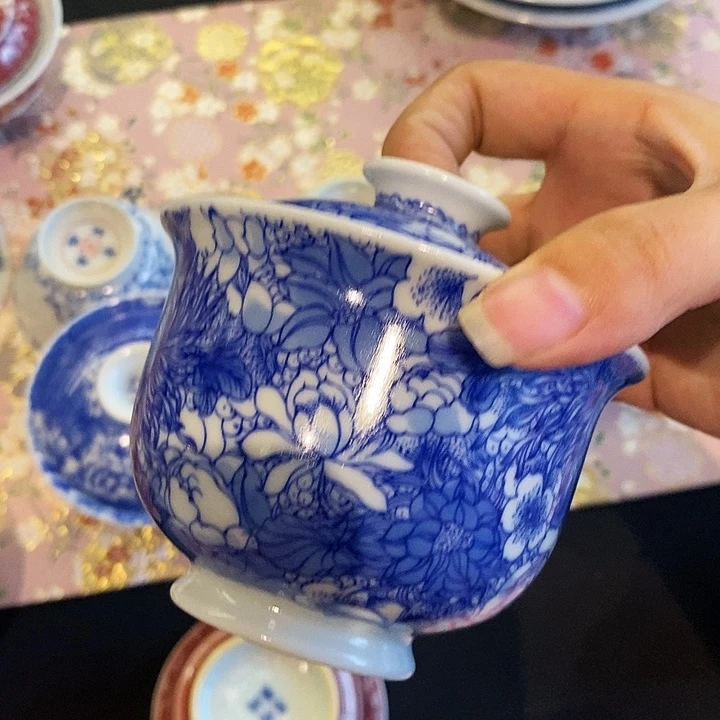 瓷片查窑青花万花盖碗