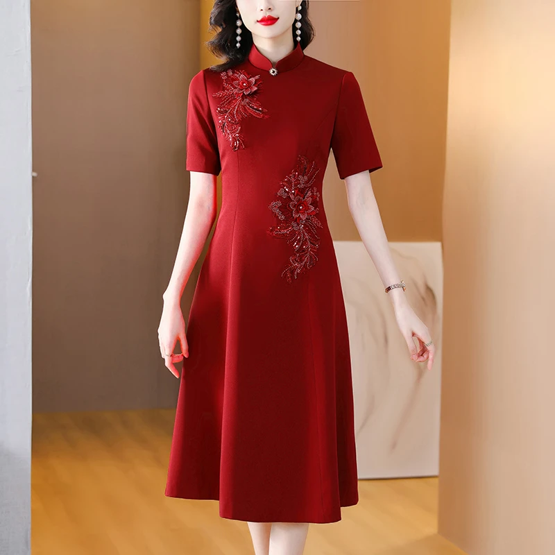 2025新款喜婆婆婚宴装高贵丈母娘婚礼旗袍妈妈礼服短袖婚礼服