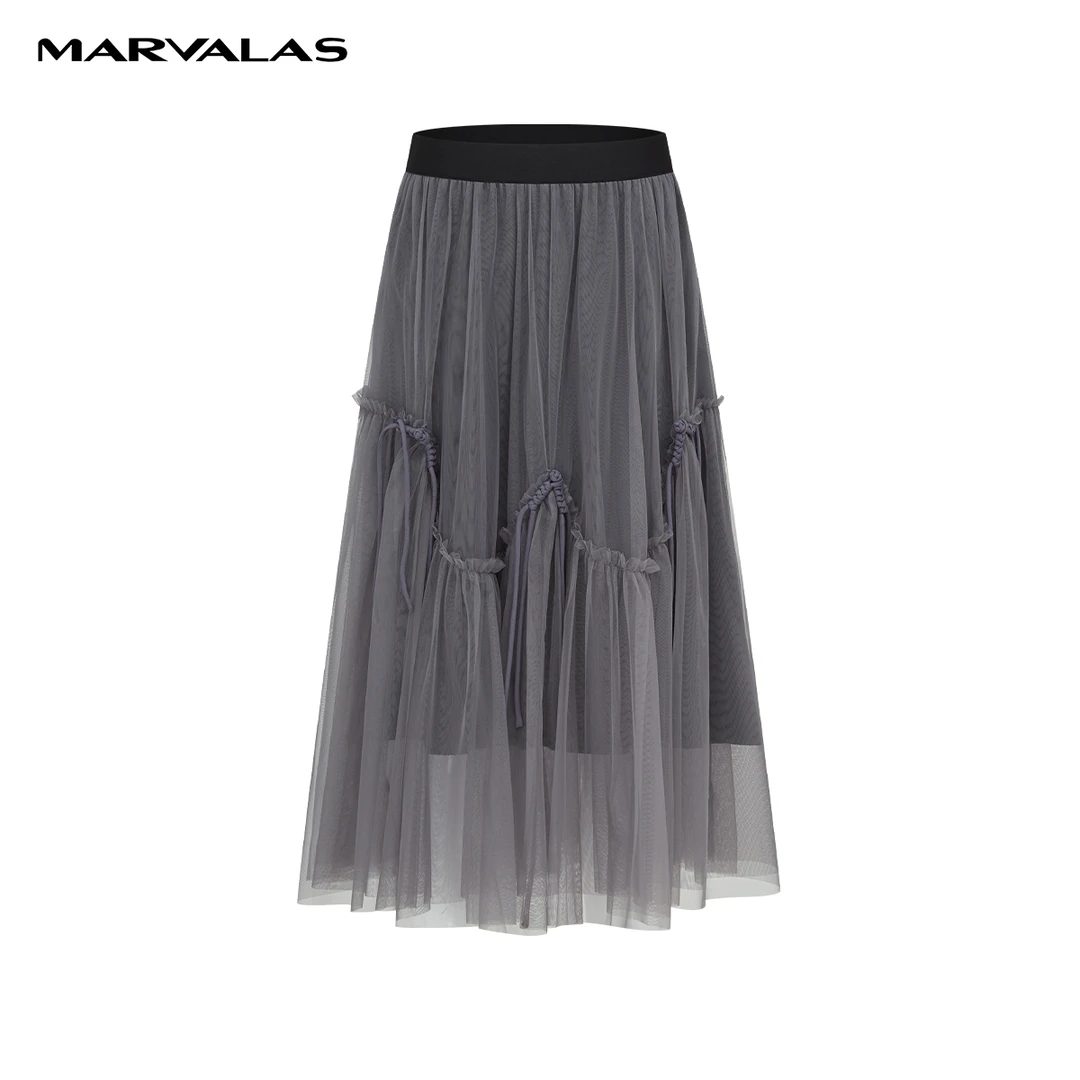 【专柜同款】M207304689曼德诗自然腰半身裙纯色网纱A字摆裙子