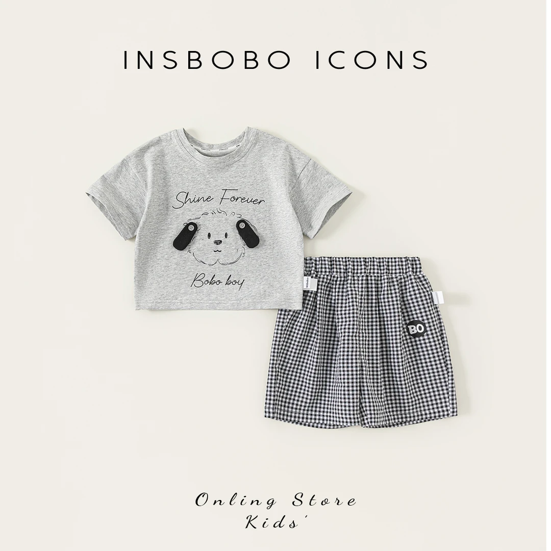 INSbobo儿童套装卡通印花短袖背心牛筋腰格子收脚休闲短裤XT85210