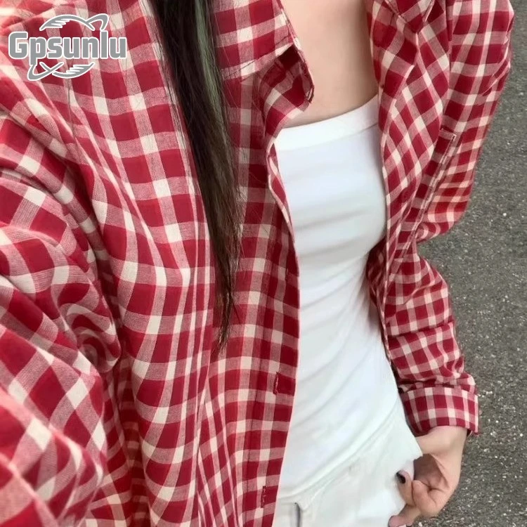 gpsunlu红色格子衬衫慵懒风长袖领衬衫女秋季防晒衫休闲开衫上衣