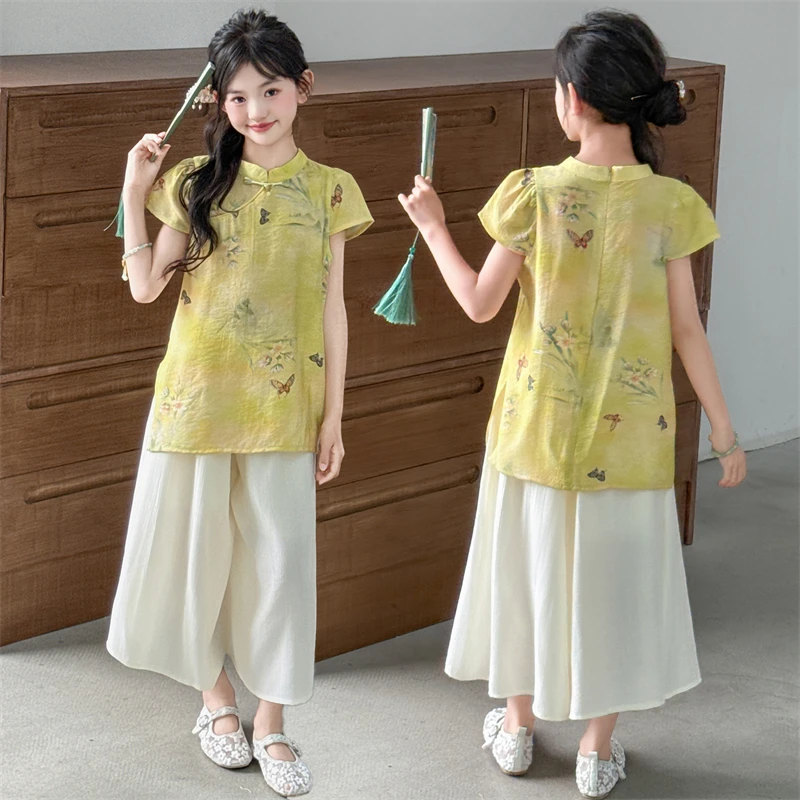 女童国风旗袍夏季套装2025新款中大童连衣裙夏款时髦新中式两件套