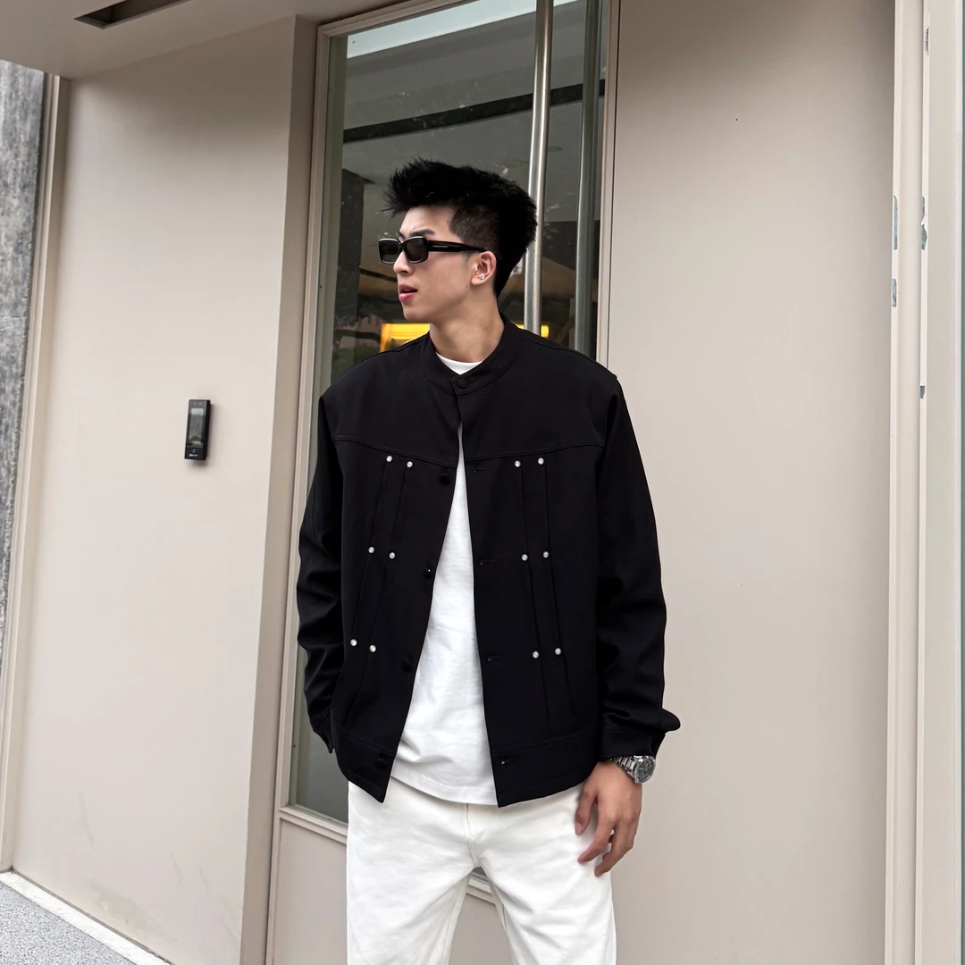 SANBAI 叁佰【贵少】简约廓形塔克褶本布包扣中式立领夹克