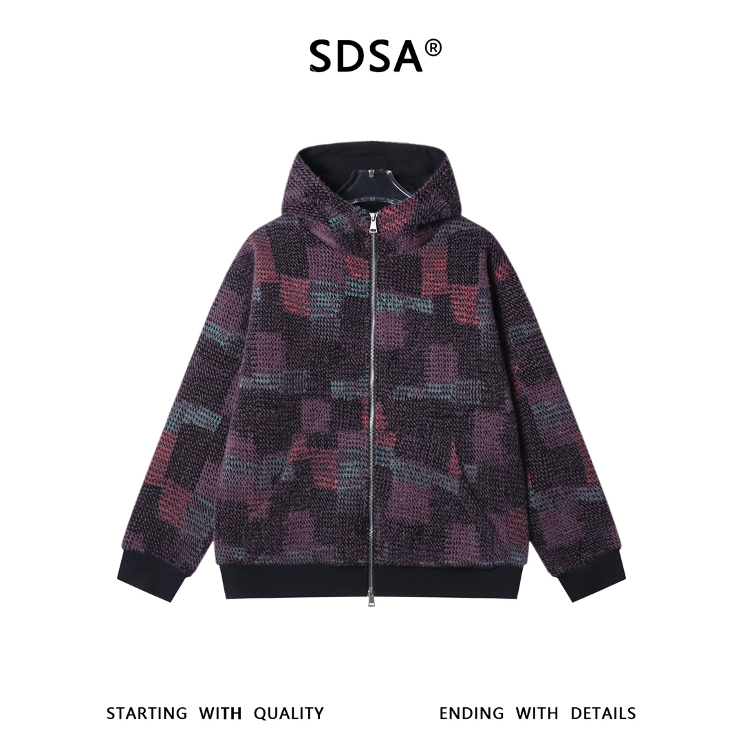 SDSA秋冬新款痞帅男装潮牌不规则撞色格子拉链立领连帽卫衣外套潮