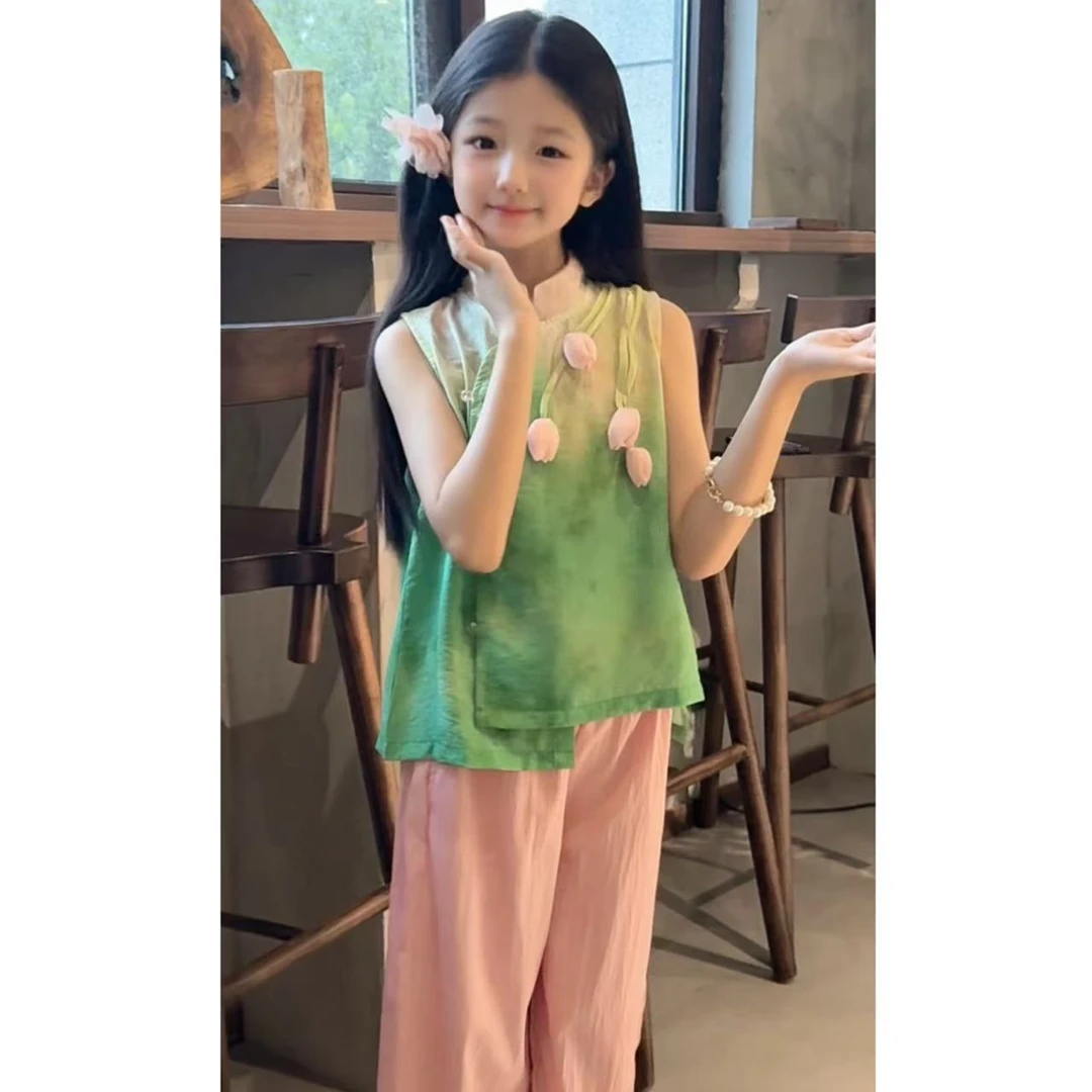 女童夏季新中式郁金香立体花无袖背心阔腿裤两件套D