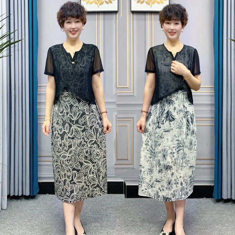 时尚中老年女夏季假两件高贵气质V领A字裙洋气妈妈连衣裙遮肉显瘦