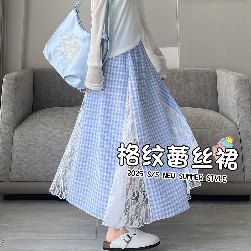 格纹拼接蕾丝半身裙女夏薄款高腰韩系气质显瘦设计感a字长款裙子.