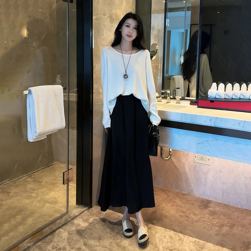 后背开叉纽扣设计显瘦针织上衣女+垂坠显瘦高腰半身裙两件套8054