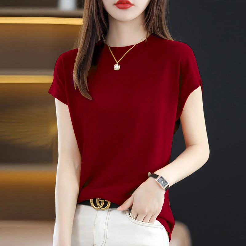 冰丝薄款宽松显瘦T恤2025夏季针织短袖女半高领百搭圆领气质上衣