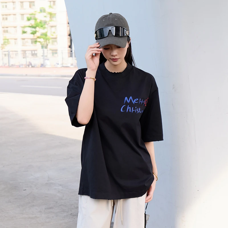 PANDA HOLLEY/熊猫霍利百搭情侣夏季宽松圆领纯棉美式休闲T恤