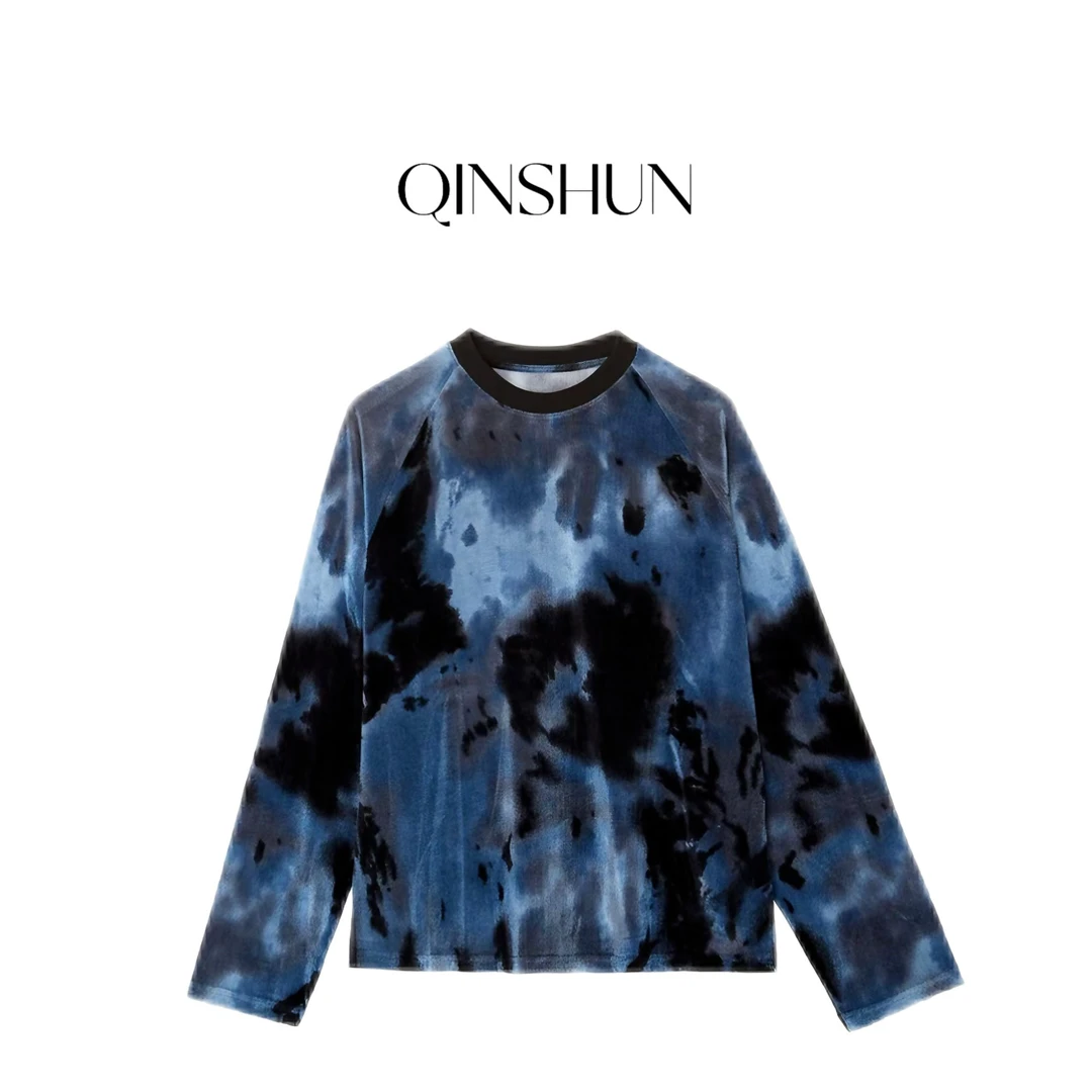 【QINSHUN】蓝色扎染植绒工艺慵懒风宽松上衣