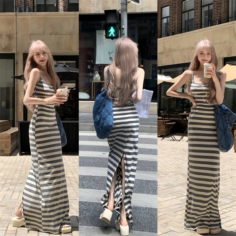 韩系慵懒风显身材弹力露背吊带连衣裙女针织气质开叉条纹A字长裙