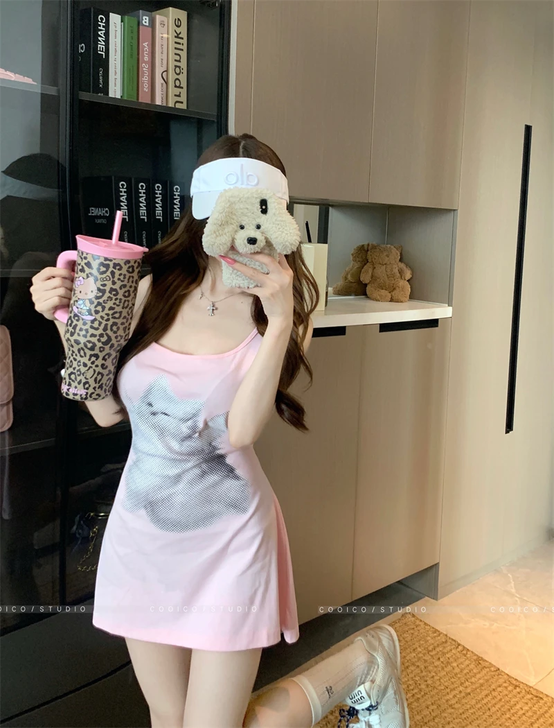 拉斐尔的猫 纯欲大领口绑带两穿吊带裙猫咪印花背心上衣