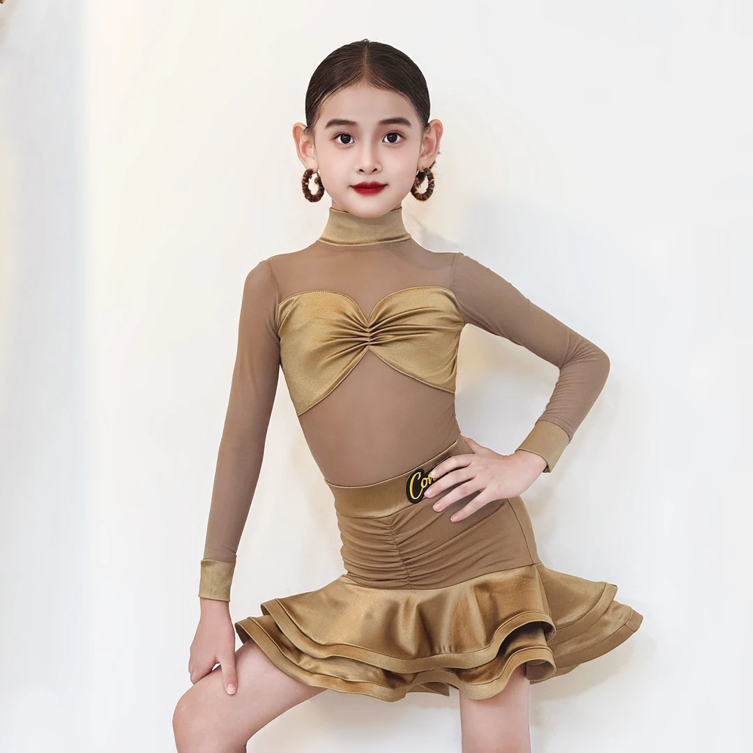 CONNY拉丁舞服女儿童舞蹈训练功服网纱上衣长袖半身裙表演出套装