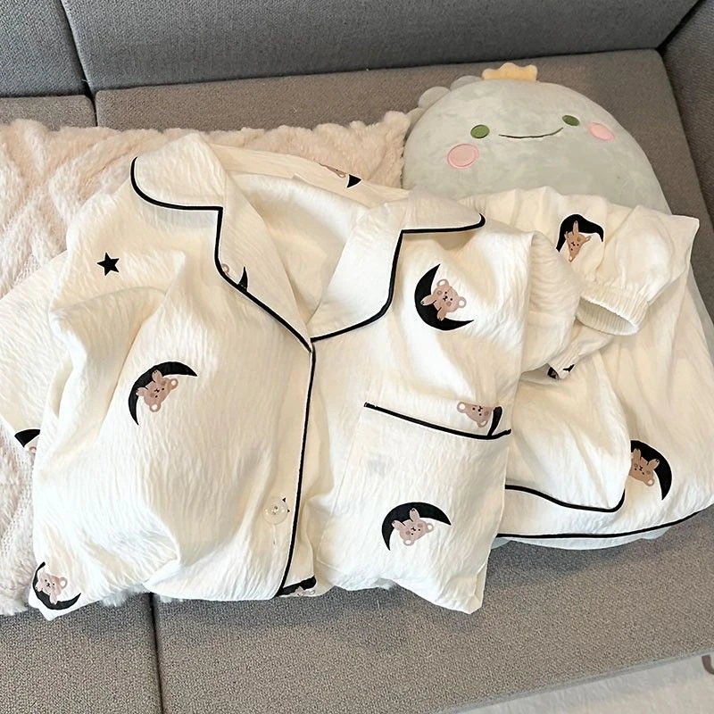 日系ins熊睡衣女夏季云朵棉卡通可爱少女家居服短袖短裤薄款套装