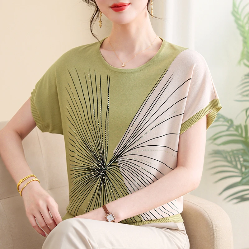 年轻妈妈装夏季新款短袖T恤中老年冰丝小衫洋气上衣薄款气质