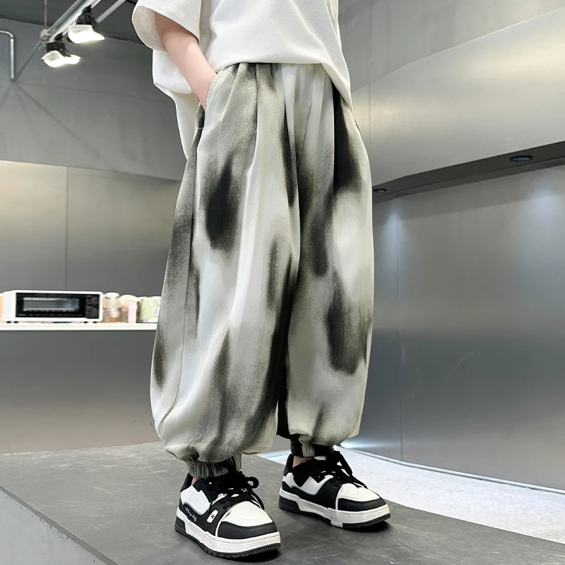 儿童束脚裤夏季水墨薄款冰丝国风休闲裤子男童中大运动哈伦长裤潮