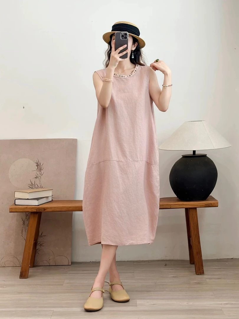 【瑜妹妹】亚麻钉珠坎肩裙无袖圆领夏季背心裙连衣裙女胸围