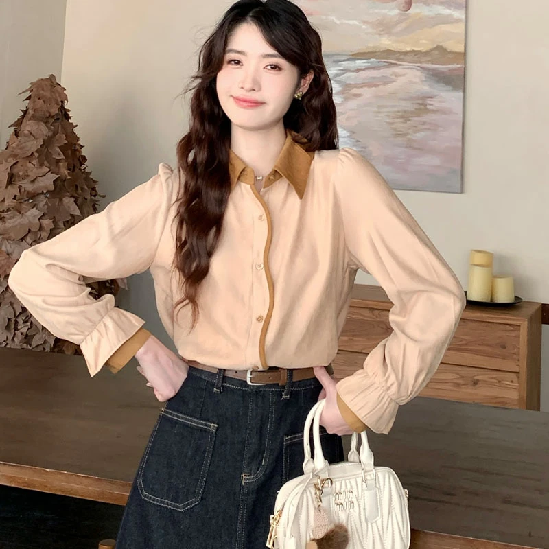 法式复古翻领长袖针织衬衫女秋计感时尚气质上衣