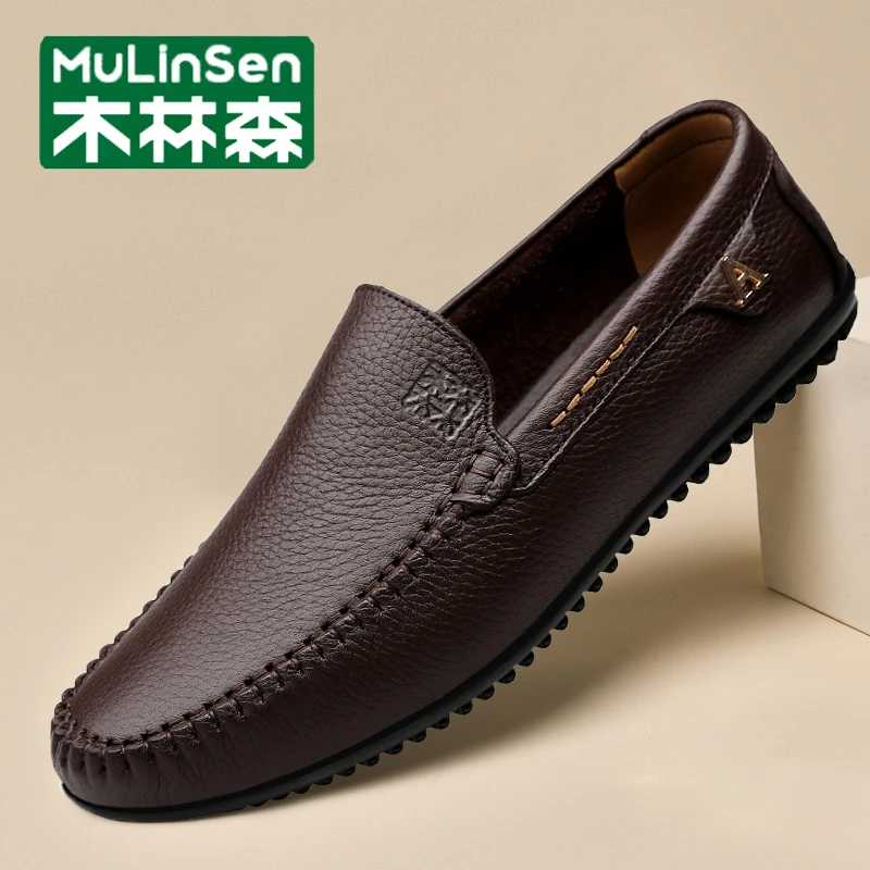 木林森男鞋秋冬新款透气真皮鞋男士软底休闲懒人一脚蹬皮鞋男士