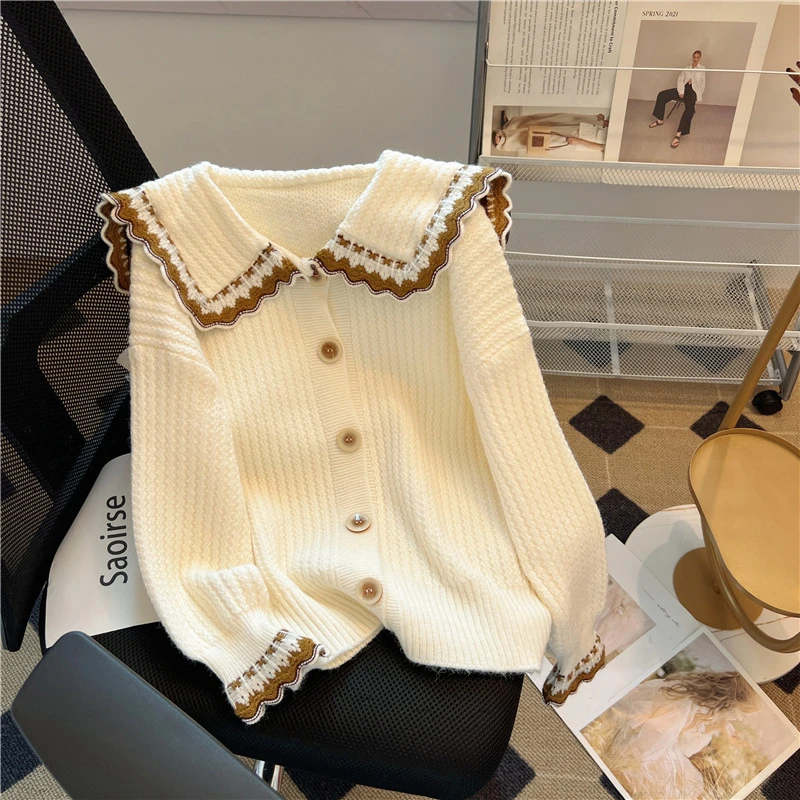 小众娃娃领针织毛衣女2025年秋冬甜美减龄开衫设计感气质长袖上衣