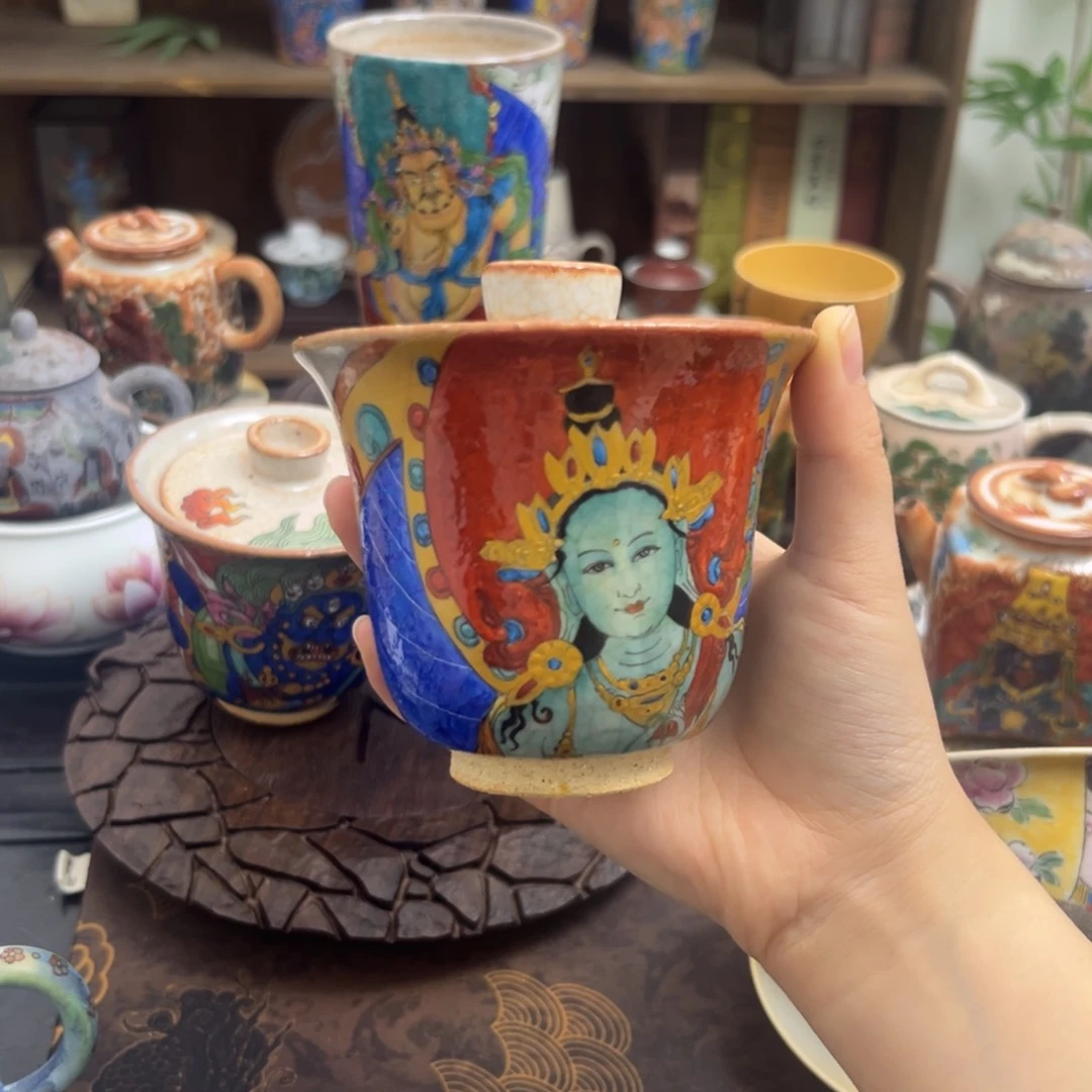 绿度母盖碗景德镇手工手绘制作茶具