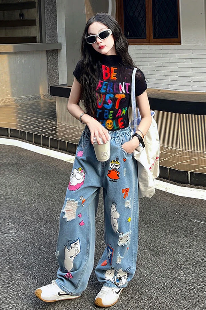 女童夏季套装2025新款儿童洋气破洞牛仔裤韩版字母短袖上衣两件套