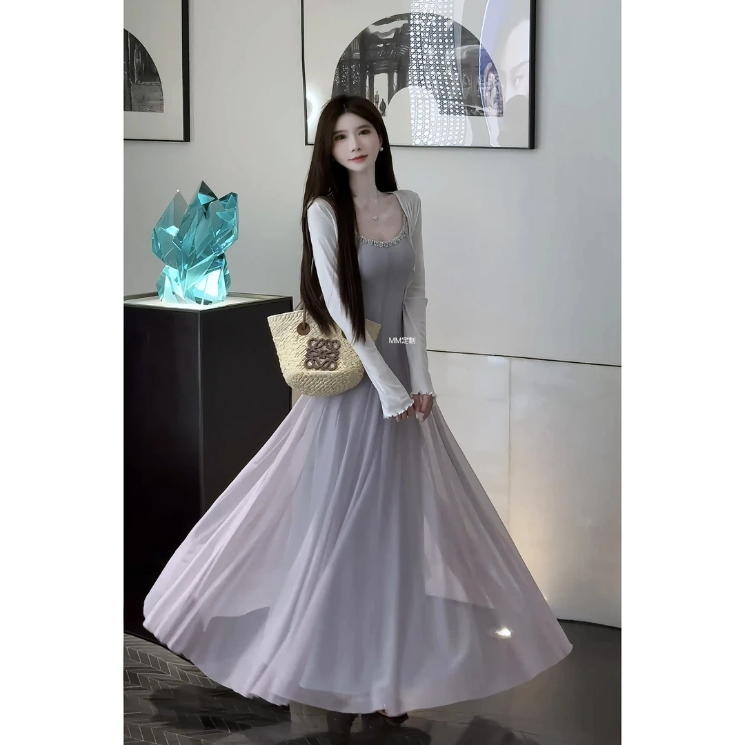 【缪斯女神】美在心尖 双肩带水晶钻链修身仙美大裙摆连衣长裙A386