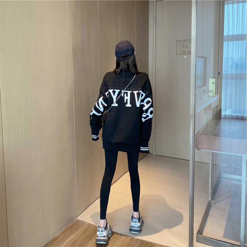 早春秋黑色卫衣女2025新款爆款中长款遮臀宽松慵懒风时尚外套潮牌